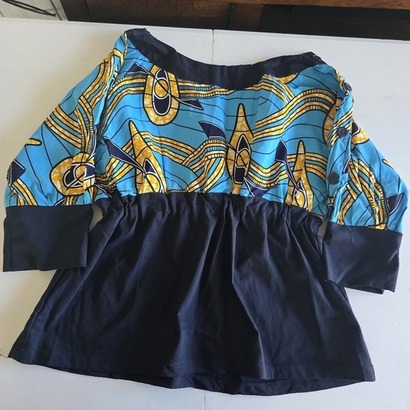 African Print Blouse Women L Blue Green 3/4 Sleeves Shoulder Buttons Flowy Artsy - Picture 3 of 8